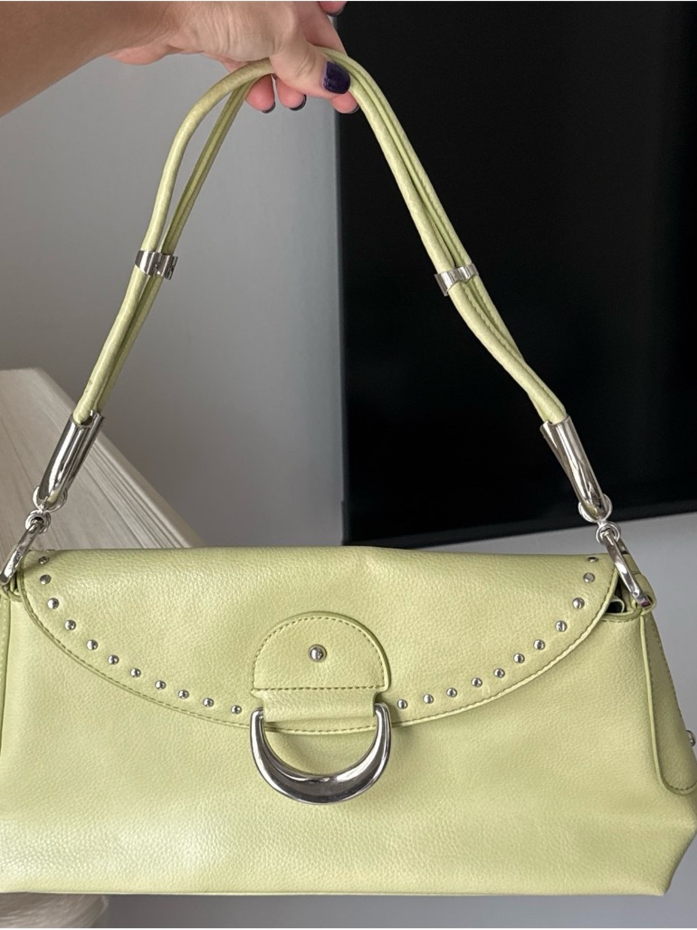 Lime Green Stud-Trim Shoulder Bag with Silver Ring Detail
